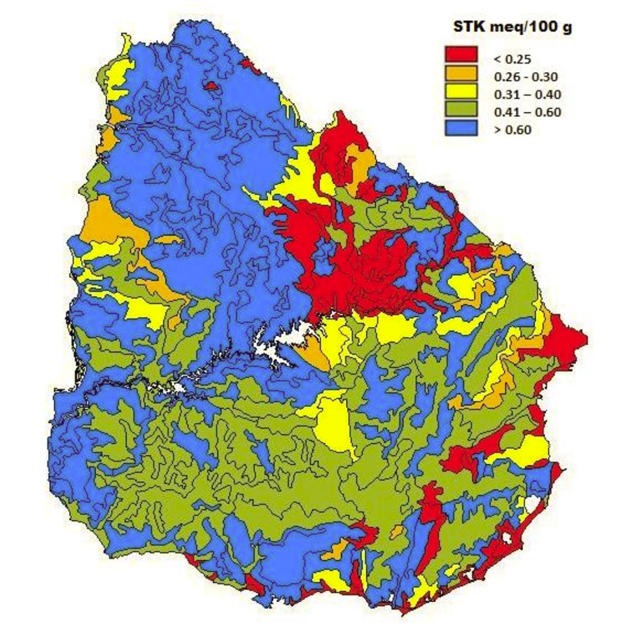 Die Karte zeigt den Gehalt an austauschbarem K in einer Bodentiefe von 0 bis 20 cm, entsprechend dem Handbuch zur Bodenerkennung in Uruguay. Sie wurde auf der Basis der Ergebnisse von Bodenbeprobungen sowie anhand von Informationen von Agronomen entwickelt. Maßstab: 1:1.000.000. (Quelle: Califra und Barbazán, unveröffentlicht)