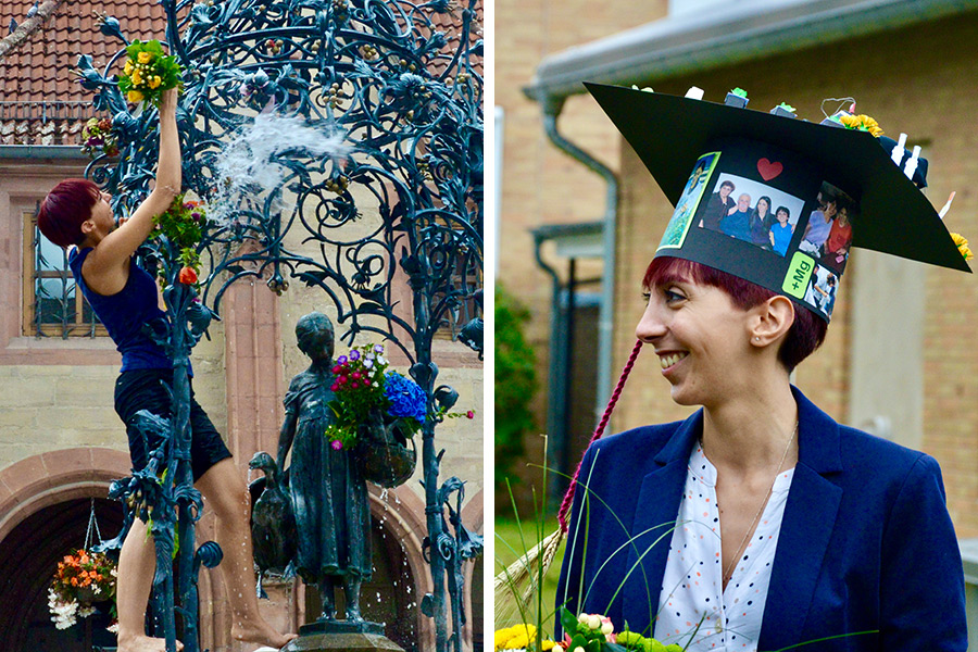 Setareh Jamali Jaghdani pinning flowers on the fountain "Gänseliesel". Since decades, it is a tradition in Göttingen: after receiving the doctoral hats, the graduated students climb on the fountain and give the Gänseliesel a kiss while being pelted with water balloons. (Photos: T. Chatzistergos)