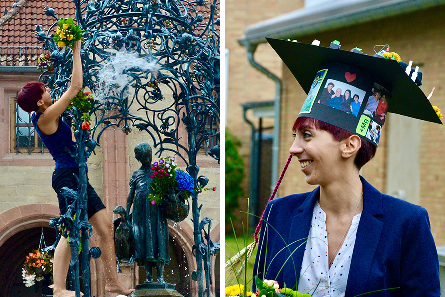 Setareh Jamali Jaghdani steckt einen Blumenstrauß an den Gänseliesel-Brunnen. Es ist seit Jahrzehnten Tradition in Göttingen: Nachdem die promovierten Studentinnen und Studenten ihren Doktorhut erhalten haben, erklimmen sie den Brunnen, geben dem Gänseliesel einen Kuss und werden dabei mit Wasserballons beworfen. (Fotos: T. Chatzistergos)